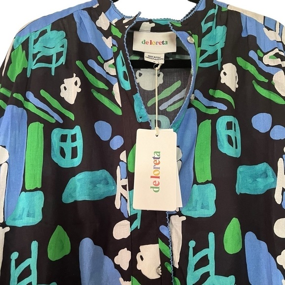 De Loreta Josefa maxi trapeze dress in Arcilla Azul print with balloon sleeves - Picture 3 of 14